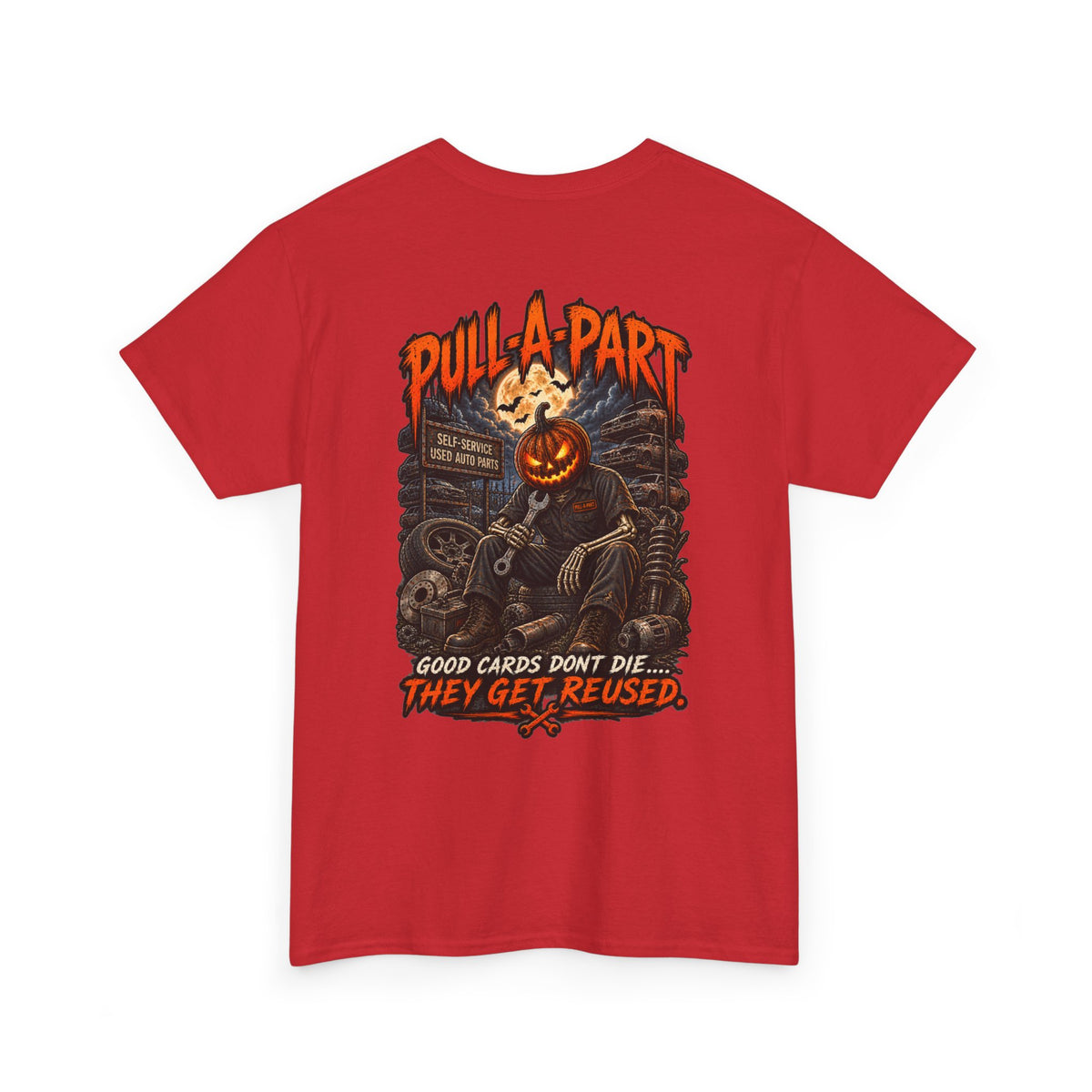 Pull-A-Part Halloween T-Shirt — Pumpkin Head Mechanic 'Good Cards Don't Die, They Get Reused'