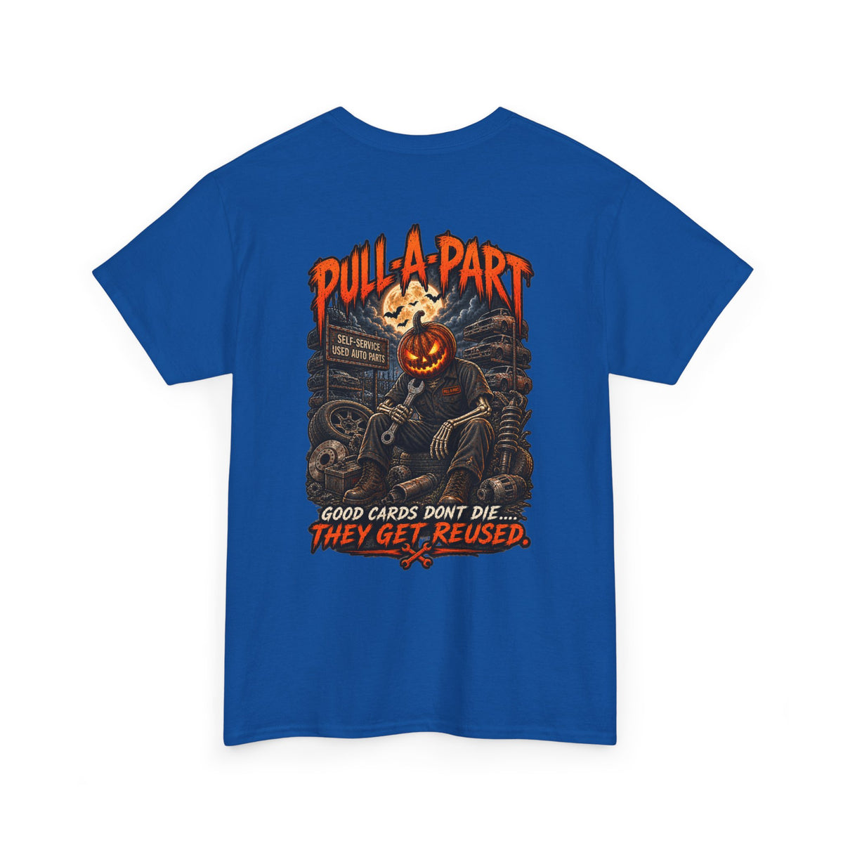 Pull-A-Part Halloween T-Shirt — Pumpkin Head Mechanic 'Good Cards Don't Die, They Get Reused'