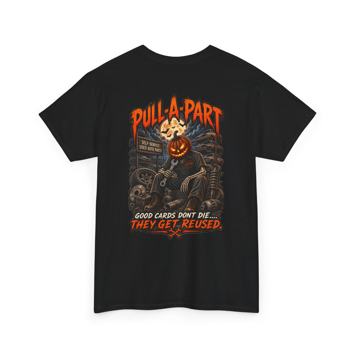 Pull-A-Part Halloween T-Shirt — Pumpkin Head Mechanic 'Good Cards Don't Die, They Get Reused'